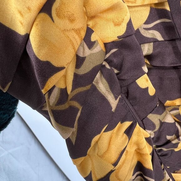 Floret Studios Floral Long Sleeve Ruched Square Neck Dress Yellow Brown XS NWOT - Picture 9 of 15